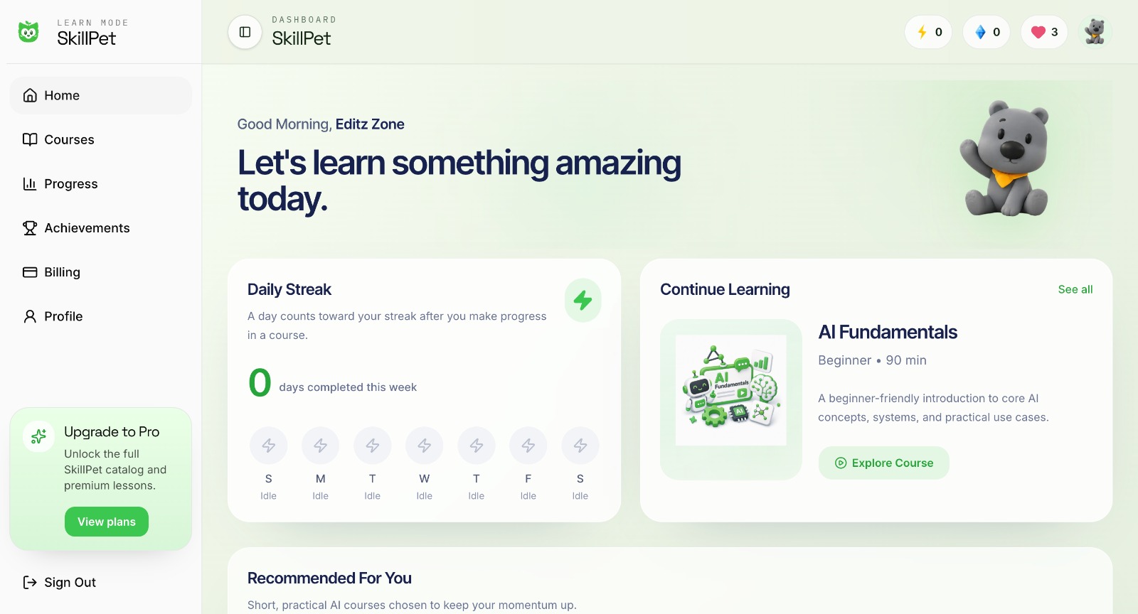 SkillPet — Gamified AI learning platform with subscriptions