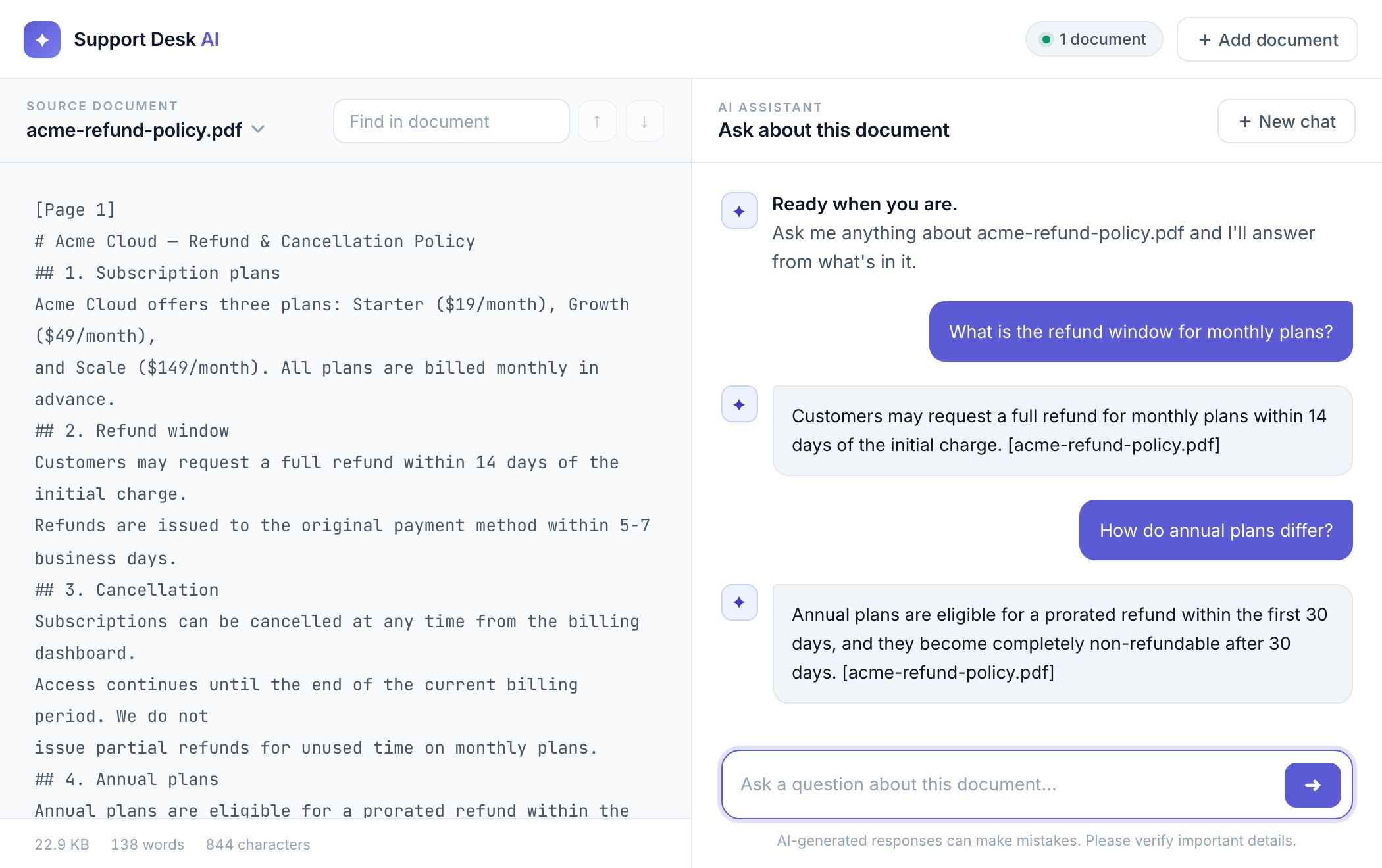 Support Desk AI — Ask questions about your own documents